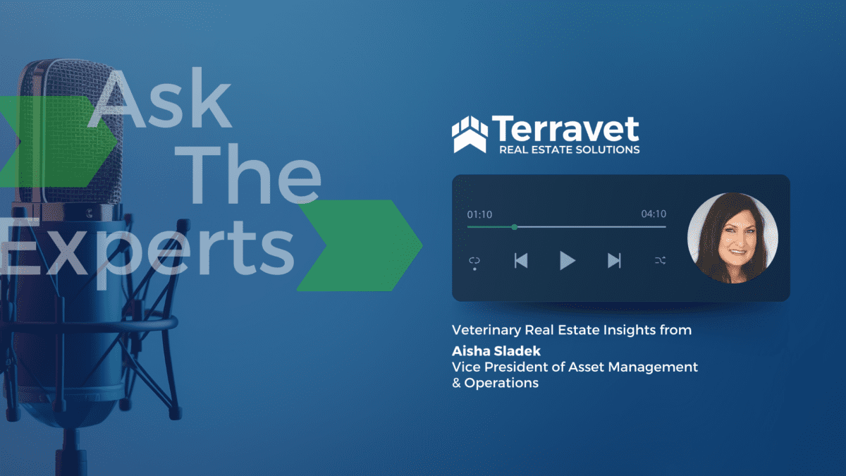 A microphone and player preview with text overlay showcasing the veterinary real estate insights video