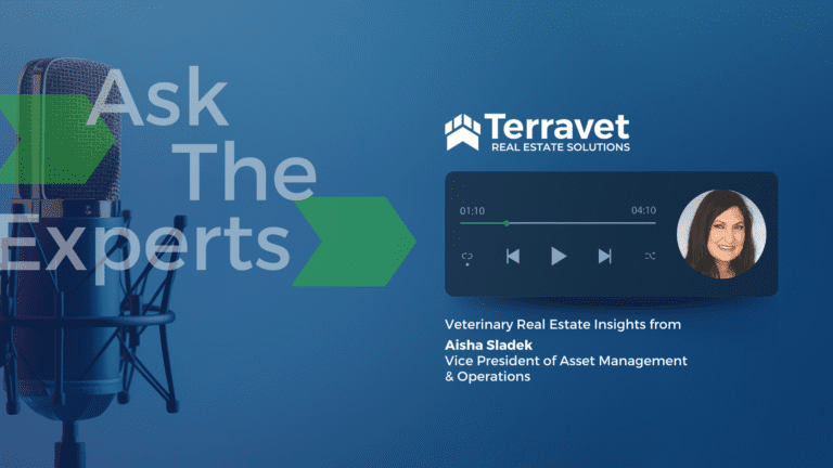 A microphone and player preview with text overlay showcasing the veterinary real estate insights video